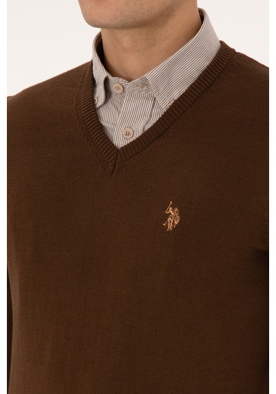 U.S. Polo Assn. Erkek Slim Fit V Yaka Kahverengi Basic Triko Kazak 50313662-VR029