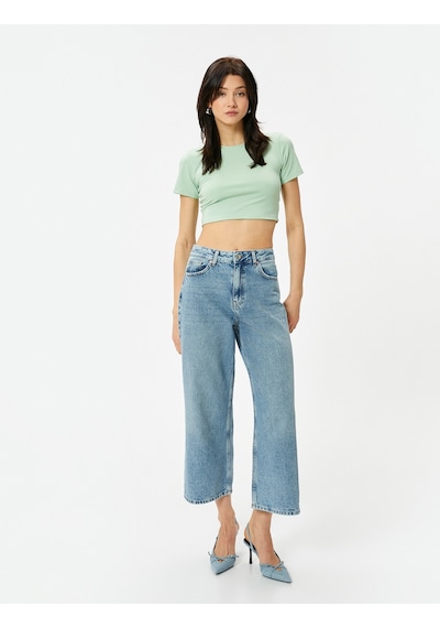Koton Crop Tişört Bisiklet Yaka Kısa Kollu Slim Fit Yeşil 4sak50404ek Yeşil
