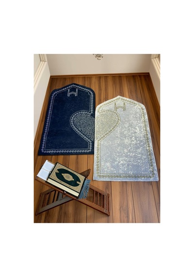 Modern Lacivert Ve Krem Dijital Baskı Seccade Zarif Desenli Namaz Seccadesi Lacivert-boz Krem