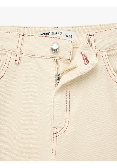 Koton Dikiş Detaylı Regular Fit Pamuklu Normal Bel Düz Paça Barrel Denim Pantolon - Barrel Jeans Ekru 7wal40058mw