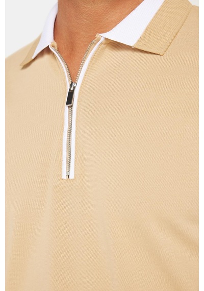 Tudors Erkek Slim Fit Dar Kesim %100 Pamuk Düz Pike Fermuarlı Kum Rengi Polo Yaka Tişört-31113 Kum