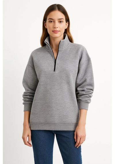 Üç İplik Dık Yaka Yarım Fermuarlı Sweatshirt - Gri Gri