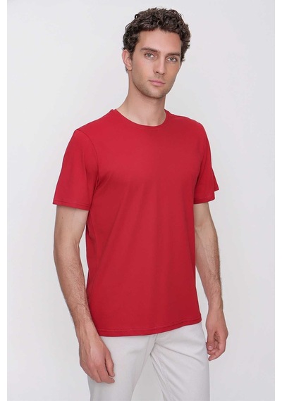 Erkek Bordo Basic Düz %100 Pamuk Bisiklet Yaka Slim Fit Dar Kesim Kısa Kollu Tişört Bordo