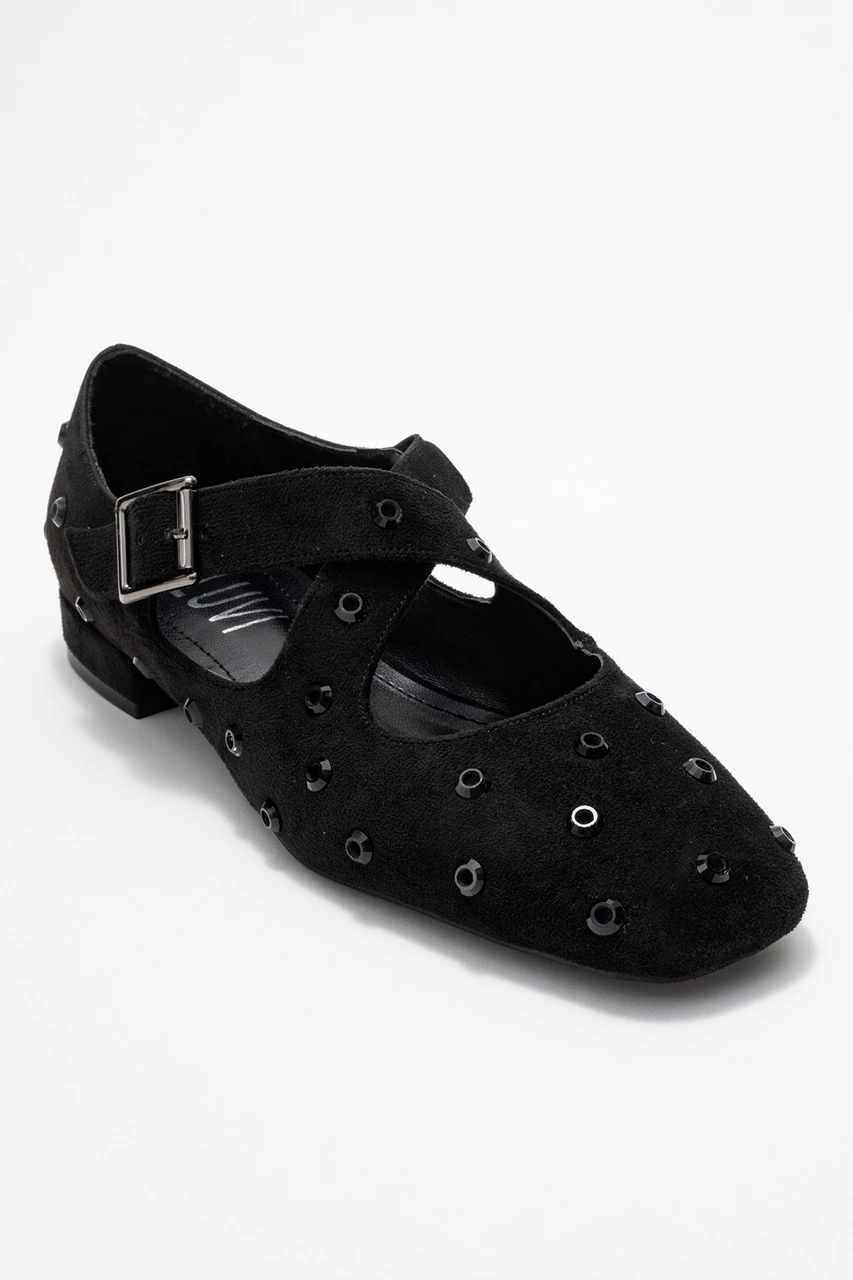 Luvishoes Luvi Shoes Addıson Siyah Süet Taşlı Çapraz Bantlı Kadın Babet Ayakkabı Siyah Süet