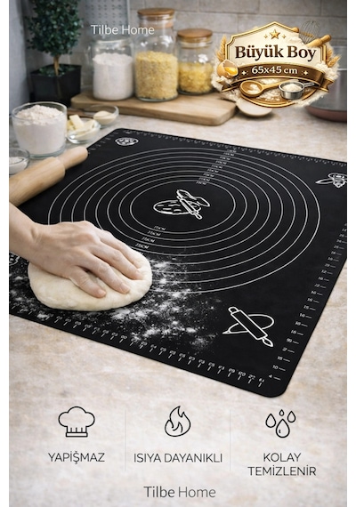 Tilbe Home Silikon Hamur Açma Yoğurma Matı Fırın Altlığı Ölçekli Mat Büyük Boy Siyah 65x45cm