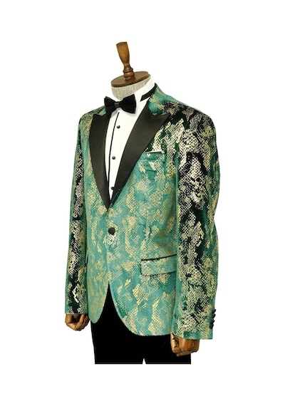 Wessi Dik Yaka Slim Fit Altın Desenli Yeşil Balo Ceket - Wessi Yeşil