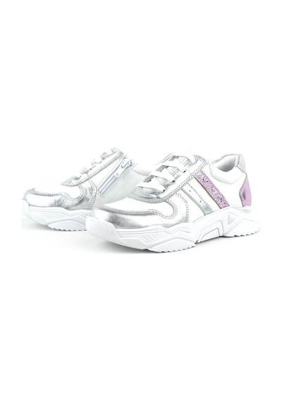 Hakiki Deri Gümüş Pembe Kalın Tabanlı Kız Çocuk Sneakers Ayakkabı Gümüş