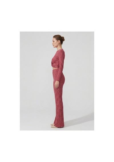 Hımmelduf Bordo Fitilli İkili Takım Önü Düğümlü Crop Bluz Ve İspanyol Paça Pantolon Bordo