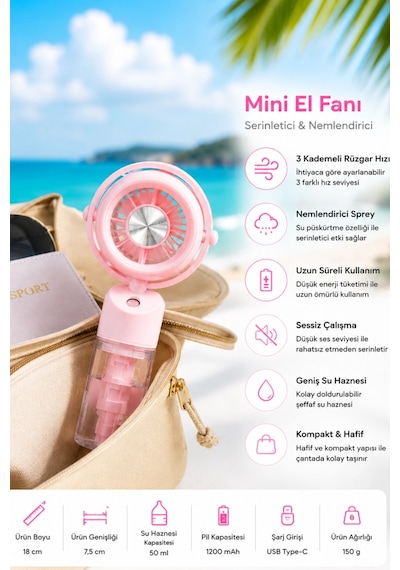 Glr K09 Pembe Şarjlı Sulu Mini Vantilatör 3 Kademeli Taşınabilir El Fanı, Nemlendiricili Buharlı Fa