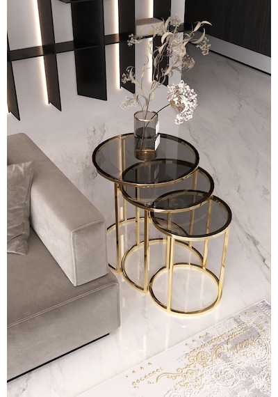 Usta Mekan Gold Metal Füme Cam 3 Lü Zigon Sehpa Gold - Füme