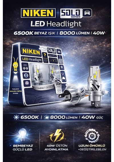 Solo H4 Led Far Ampul 8000 Lümen 6500k Beyaz 40w Ultra Parlak Profesyonel Seri 2 Adet