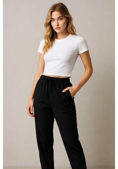 Kadın Standart Fit İnce Eşofman Altı Bel Paça Lastikli Basic Düz Uzun Boy Pantolon Çok Renkli