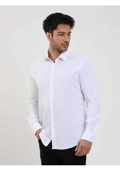 Dufy Beyaz Erkek Slim Fit Gofre Desenli Brent Yaka Uzun Kol Gömlek - 104795-beyaz Beyaz
