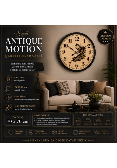 Siyah Antique Motion 70 X 70 Cm Çarklı Duvar Saati