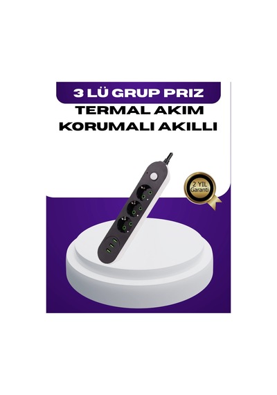 Mey İthalat Usb Yuvalı Anahtarlı Üçlü Priz 2 Metre Kablolu
