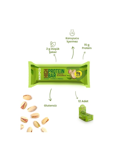 Waspco Yüksek Protein Bar - Antep Fıstıklı 50g X 12 Adet