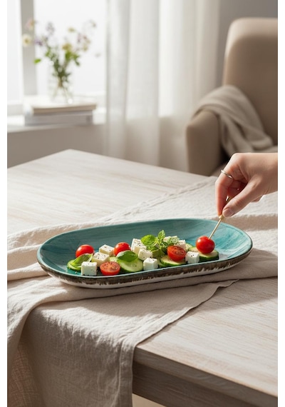 6 Lı Seramik Kayık Tabak, Çerezlik, Kahvaltılık Yeşil 19cm Karışık