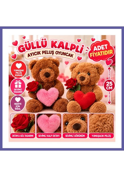 Bezos 25 Cm Güllü Kalpli Ayıcık Peluş Oyuncak Nıda