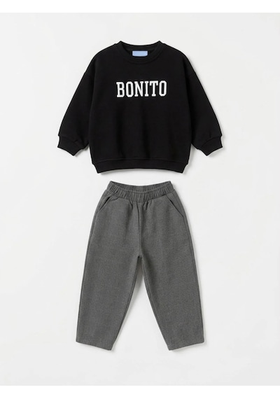 Magu Çocuk Pamuklu Yazı Baskılı Siyah Sweatshirt Ve Gri Ekose Pantolon Takımı Çok Renkli