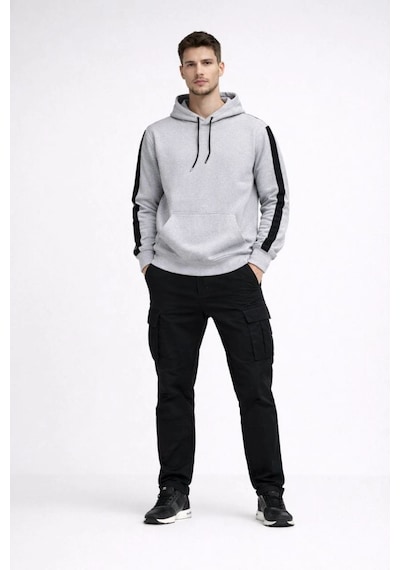 Erkek Şeritli Kapüşonlu Oversize Sweatshirt 3 İplik Pamuklu Hoodie - Beyaz