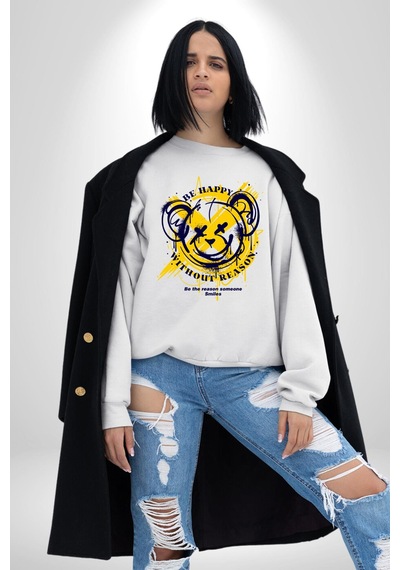 Sebep Olmadan Mutlu Ol Unisex Beyaz Sweatshirt Beyaz