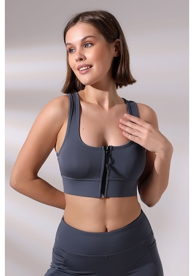 EMFURE Füme Fermuarlı Spor Büstiyer - Sports Bra / Crop Destekli Spor Sütyeni Füme