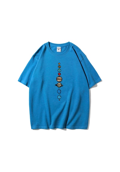 Flood Of Style Unisex Mavi 9 Gezegen Baskılı Oversize Bisiklet Yaka Tshirt