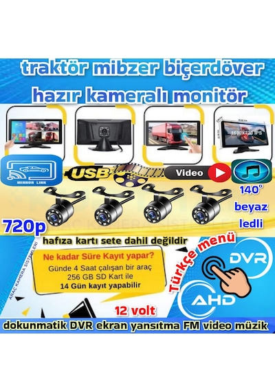 Mibzer İçin Dokunmatik 10.36 İnç Monitör Ve 4 Adet Ahd 720p Beyaz Ledli Kamera Seti 12 V