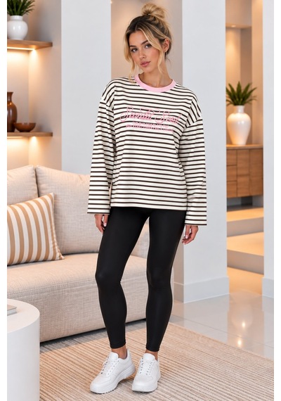 Lima Pembe Kadın Çizgili Sweatshirt Kırmızı Yaka Detaylı Yazı Baskılı Oversize Uzun Kollu Sweat Lima Pembe Kadın Çizgili Sweatshirt Kırmızı Yaka Detaylı Yazı Baskılı Oversize Uzun Kollu Sweat