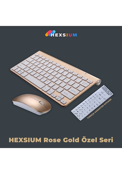 Premium Gold Klavye Mouse Seti - Sessiz Kablosuz Mini - Altın Serisi Optik