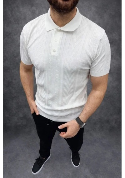 Erkek Yazlık Triko Tişört Kısa Kol Polo Yaka Düğmeli T-shirt - Beyaz