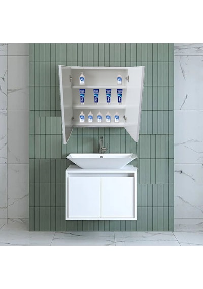 Lavabo Üstü Aynalı 2 Kapaklı Banyo Dolabı Beyaz
