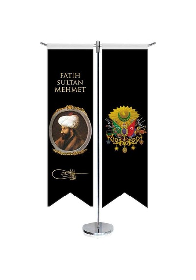 Osmanlı Padişahları - Fatih Sultan Mehmet Ve Osmanlı Arması-kırlangıç-saten T Direk 2li Masa Bayrağı 1