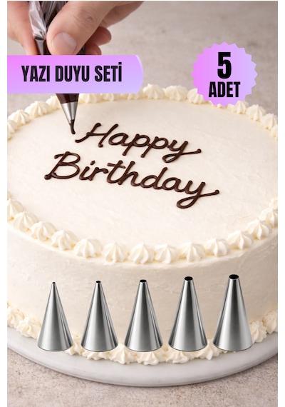 Paslanmaz Çelik Yazı Duyu Seti 5 Li Farklı Boy Pasta Yazı Uçları, Krema Süsleme Aparatı Seti Metalik Gri