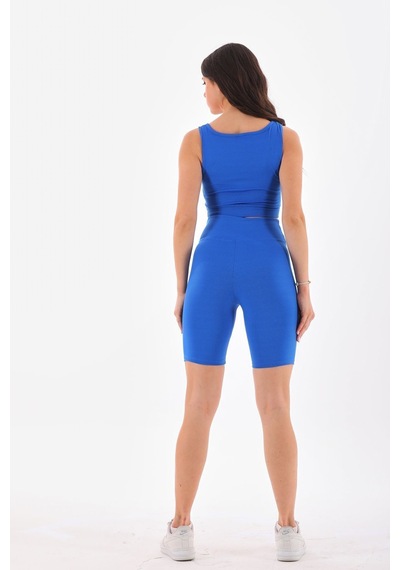Kallima Mavi Toparlayıcı Esnek Fitilli Spor Crop-biker Tayt Takım