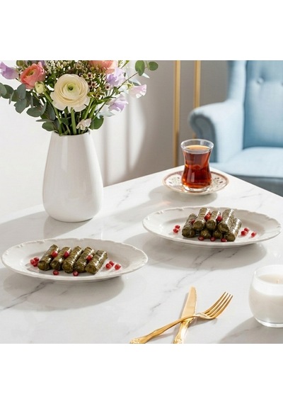 Porsima 4463 Liana Porselen Kayık Tabak Seti - Oval Kahvaltılık Sunumluk Seti 20cm Beyaz