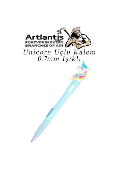 Işıklı Unicorn Uçlu Kalem 0.7 1 Adet Unicorn Başlıklı Versatil Kalem Süslü Silikonlu Hediyelik Kalem Mavi
