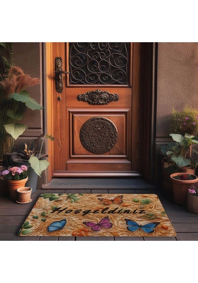 Valerine Life Ahşap Oyma Temalı Kelebekli Hoş Geldiniz Kapı Önü Paspası 45x70cm