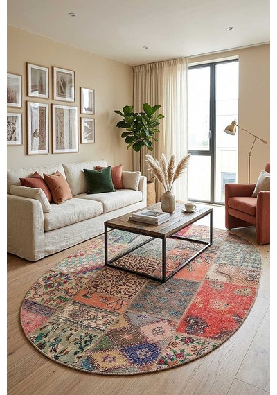 Patchwork Desenli Pamuk Taban Dijital Baskılı Yıkanabilir Oval Halı Kiremit