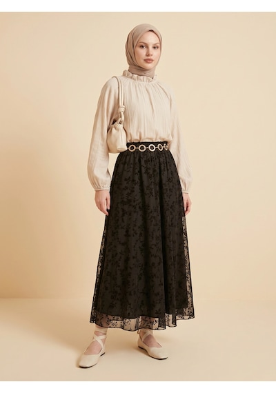 Nevayla Moda Flok Tül Çiçek Desenli Etek - Siyah / A0107