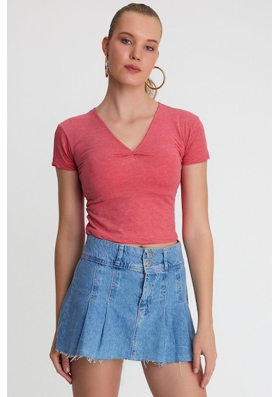 Kadın V Yaka Basic T-shirt Nar Çiçeği