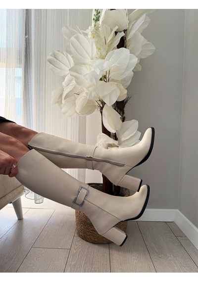 Asmi Shoes Kadın Lamor Yandan Fermuarlı Diz Altı Çizme Krem Krem