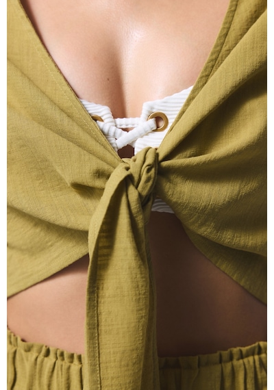 Penti Yağ Yeşili Peek Bağlama Detaylı Crop Top Üst