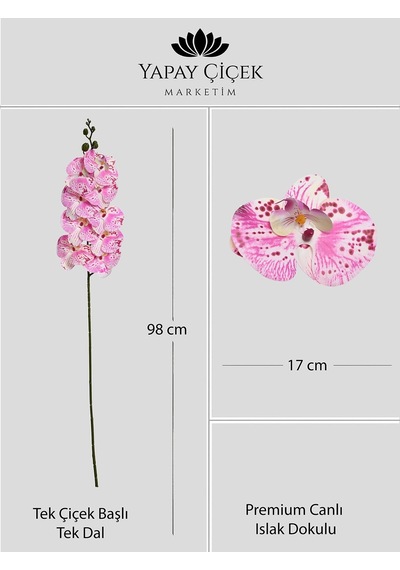 Pembe Yapay Orkide Çiçeği Tek Dal Premium Canlı Islak Dokulu 98 Cm