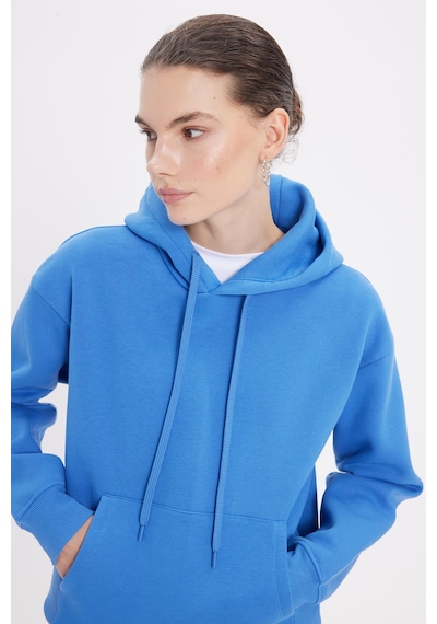 Tudors Kadın Oversize Geniş Kesim Pamuklu Yumuşak Dokulu İçi Polarlı Basic Mavi Kapüşonlu Sweatshirt-37901 Mavi