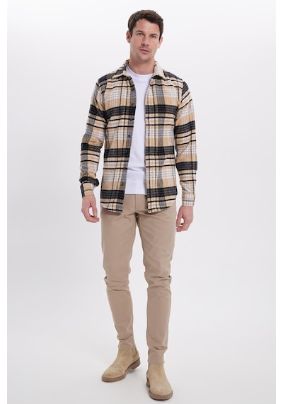 Tudors Erkek Slim Fit Dar Kesim Kareli Kışlık Oduncu Gömlek-42191 Vizon