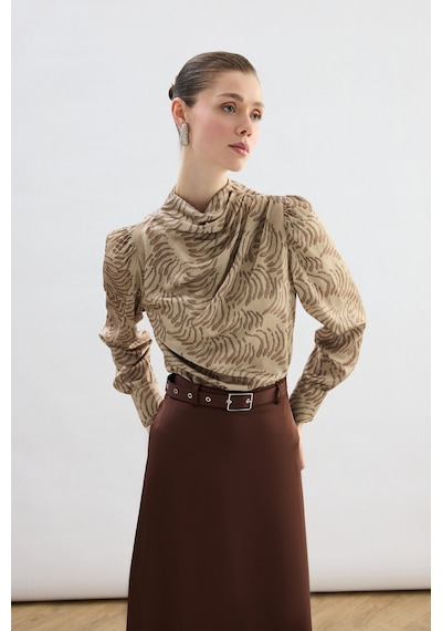 Sateen Drape Detaylı Desenli Bluz - Vizon-136745 VİZON
