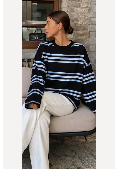 Hiccup Bıpantolon Kadın Oversize Çizgili Bisiklet Yaka Sweatshirt Siyah