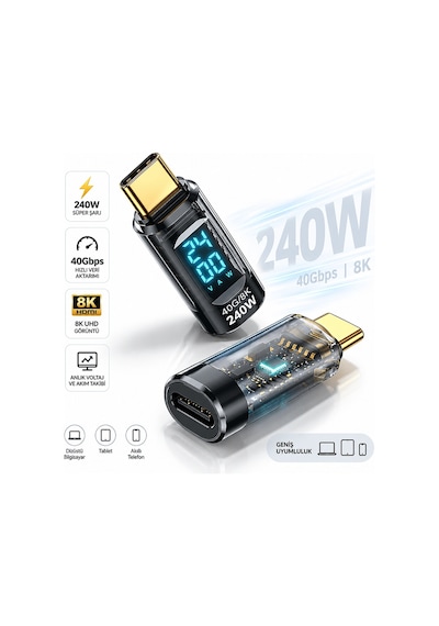 Robodünya 240w Usb 3.1 Type-c Dijital Güç Ölçer Adaptör 40gbps Veri Aktarımı, 8k Görüntü Destekli Voltaj Akım Watt Göstergeli