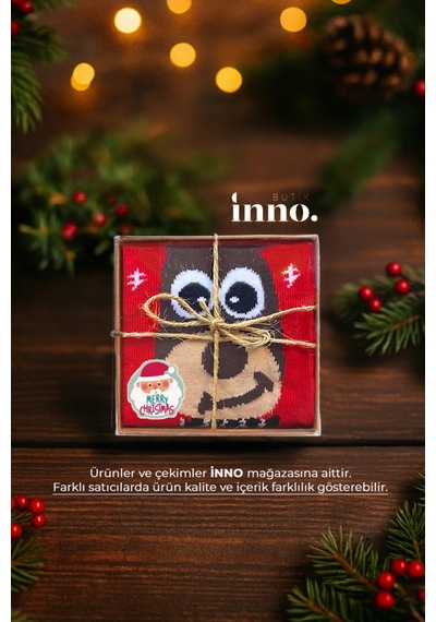 Inno Yılbaşı Desenli Noel Babalı Hediyelik Kraft Kutulu Çorap Tekli Bordo